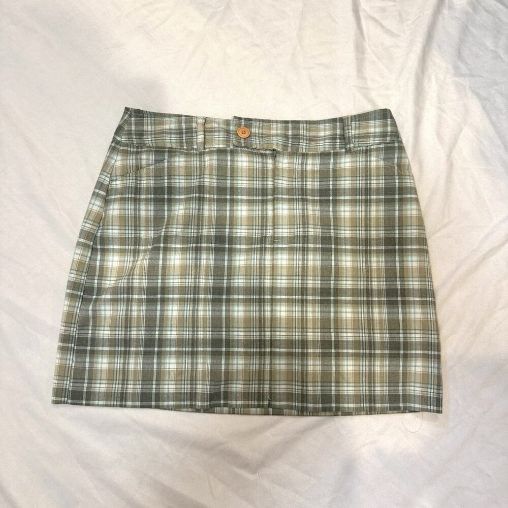 3/$30 📦 Vintage Y2K/90s Green Cream Brown Plaid Mini Skirt Skort Size 8 Preppy